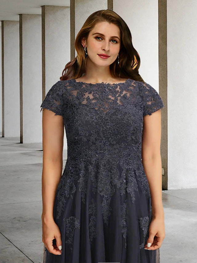 A-line formal dress showcasing lace details and pleats.
