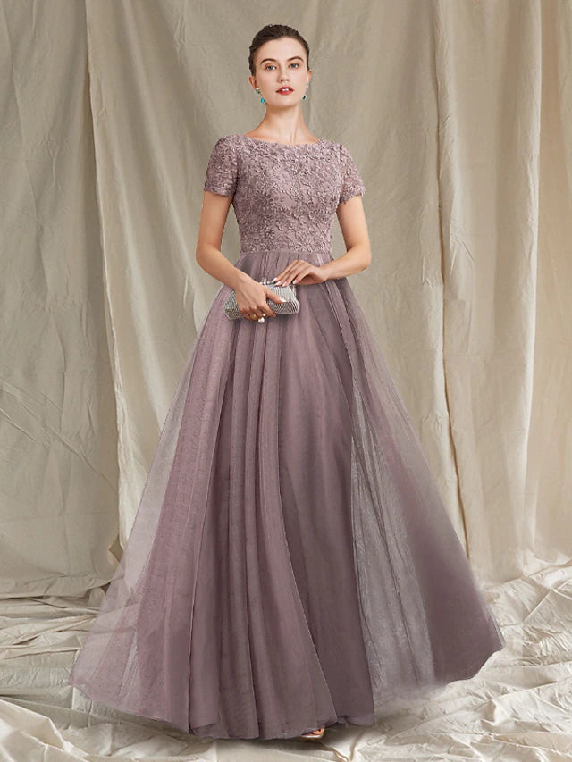 Elegant A-Line Mother of the Bride dress with jewel neck and short sleeves.