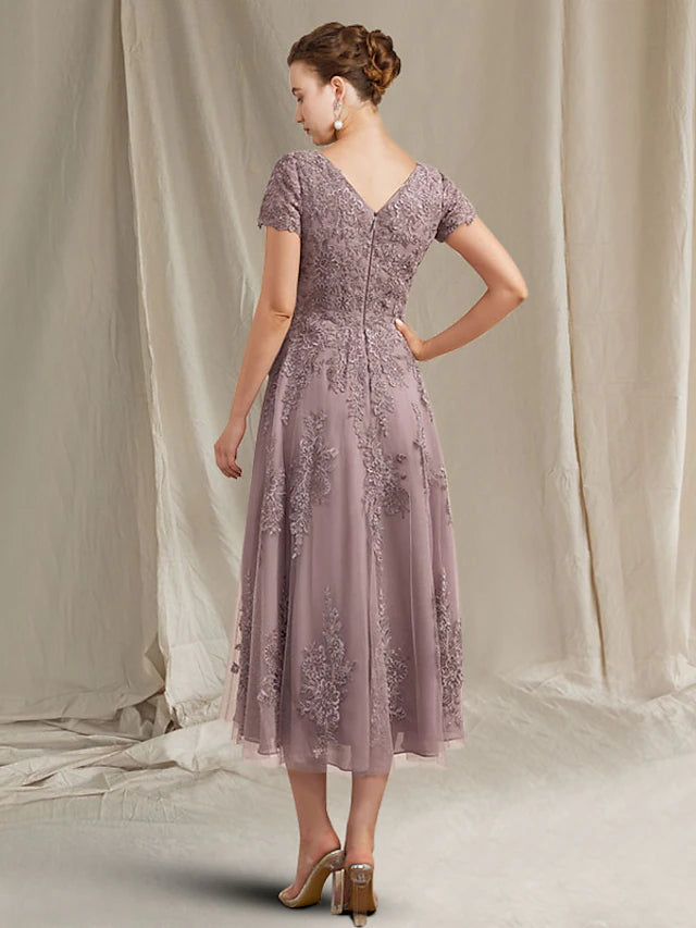 Side view of an A-Line Mother of the Bride dress, showcasing its silhouette.