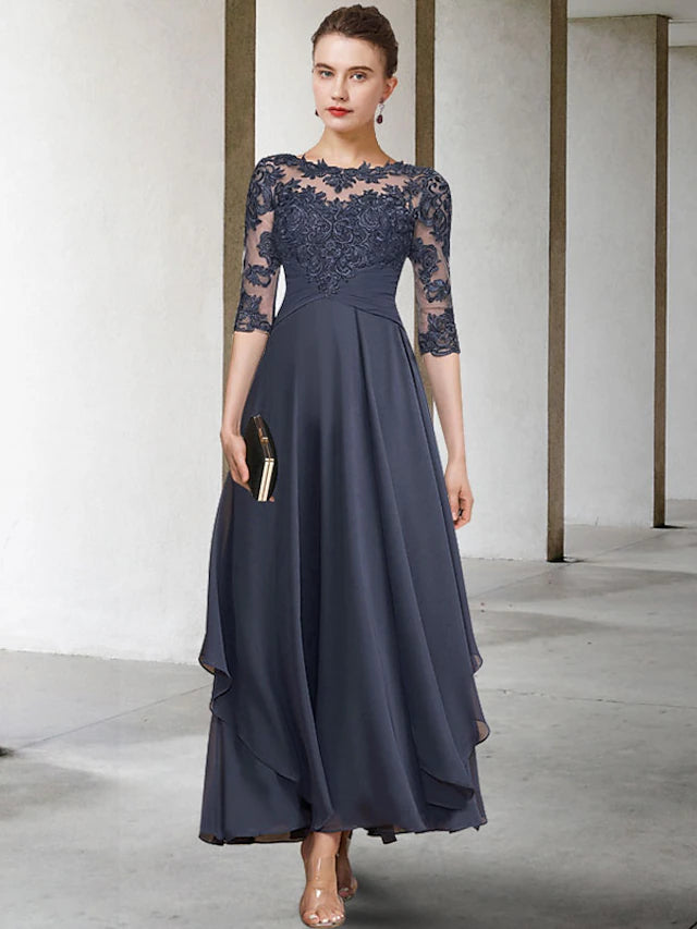 Elegant A-line Mother of the Bride dress with jewel neck and short sleeves, featuring ruched appliques.