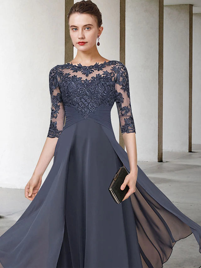 Back view of an A-line chiffon lace dress, showing ankle length and elegant silhouette.