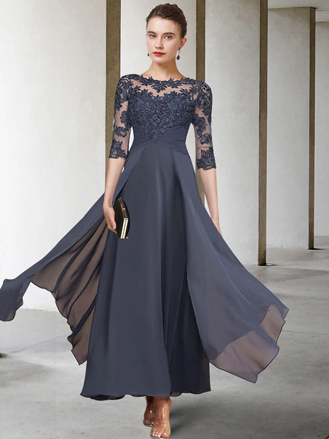 Close-up of the ruched bodice and lace appliques on a Mother of the Bride dress.