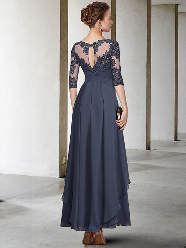 Side view of an A-line formal dress, highlighting the flowy chiffon skirt.