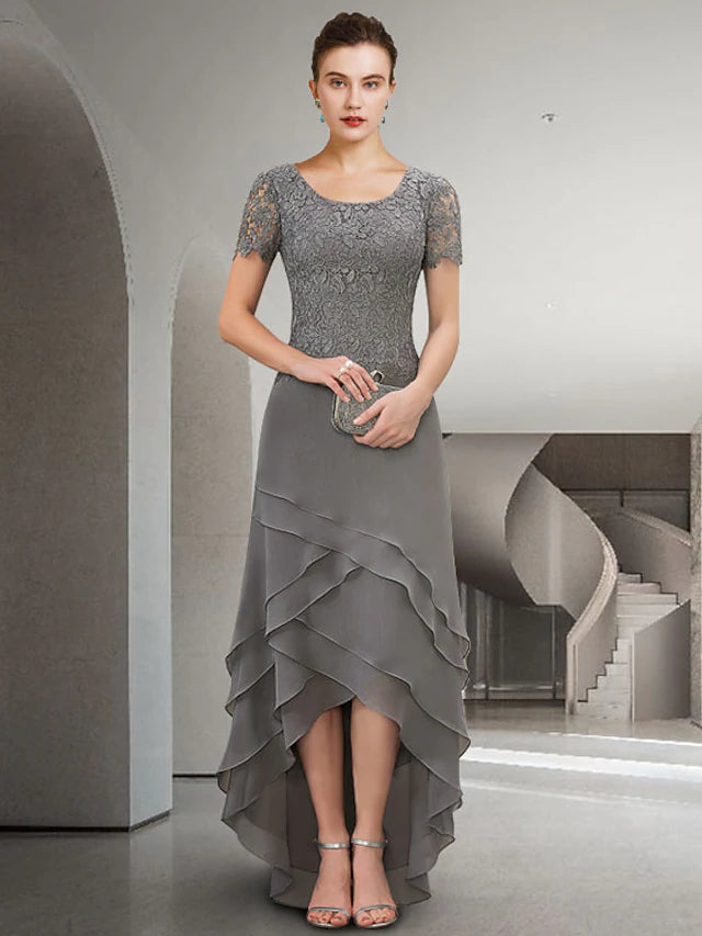 Elegant A-line Mother of the Bride dress with jewel neck, short sleeves, and high-low hem.