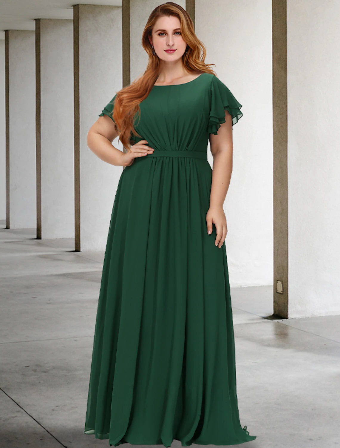 Elegant A-Line Mother of the Bride dress with jewel neck and short sleeves.
