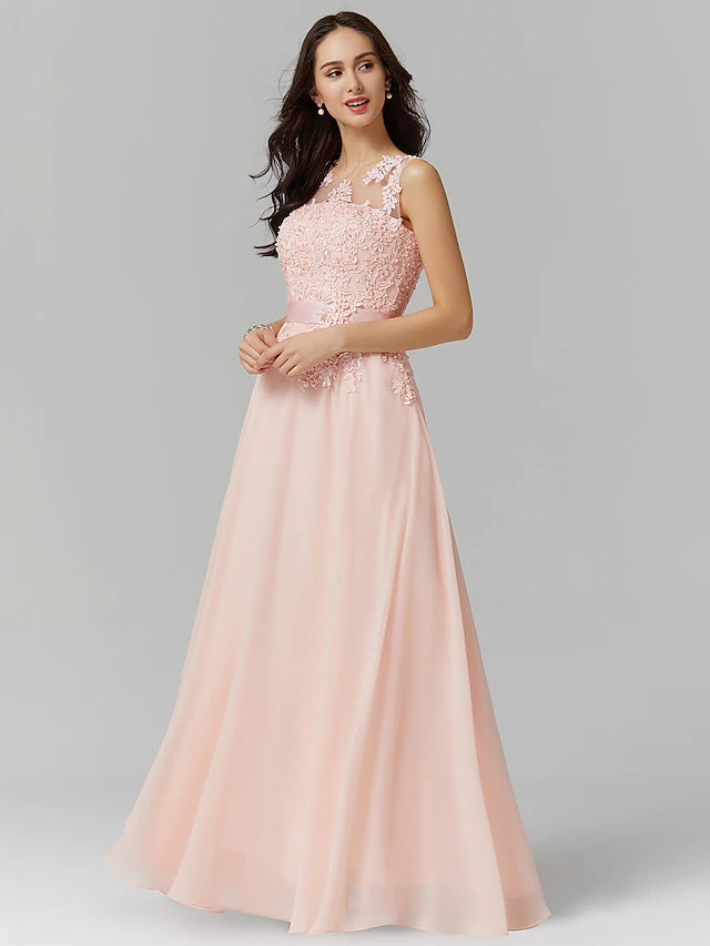 Elegant A-line bridesmaid dress with jewel neck and appliques.