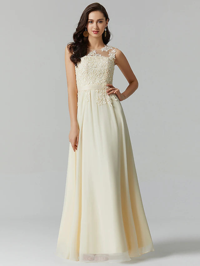 Back view of A-line chiffon lace bridesmaid dress.