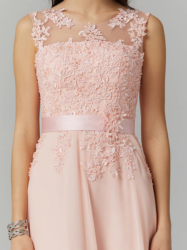 Bridesmaid dress in A-line silhouette with jewel neckline.