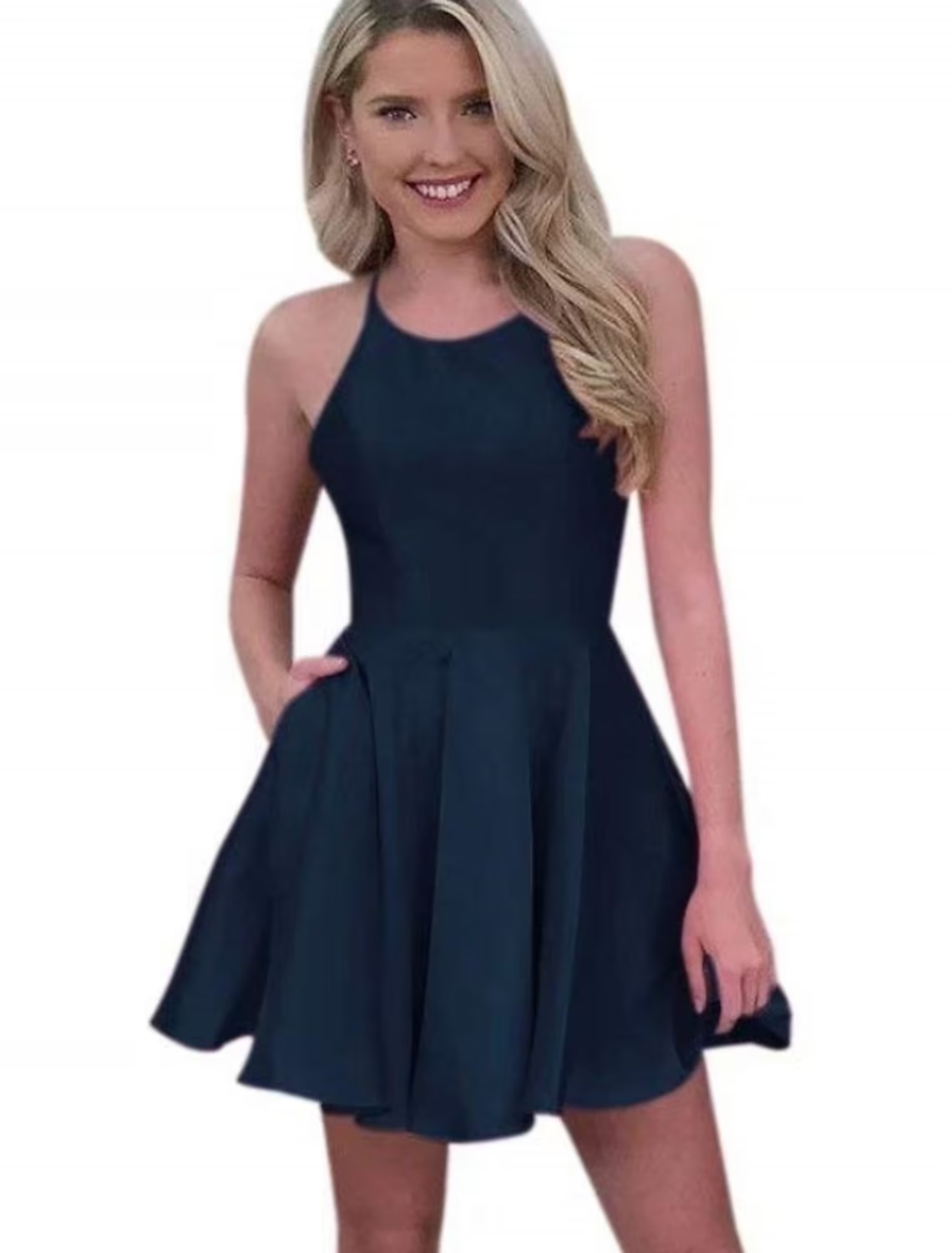 Elegant A-Line chiffon mini cocktail dress with jewel neck.