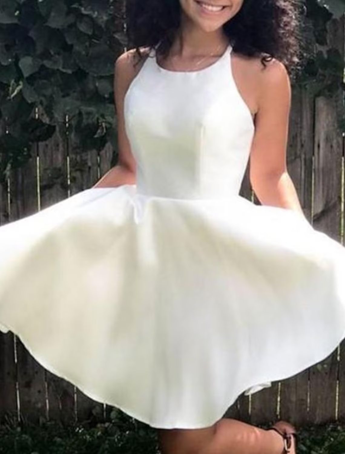 Side view of A-Line sleeveless chiffon party dress.