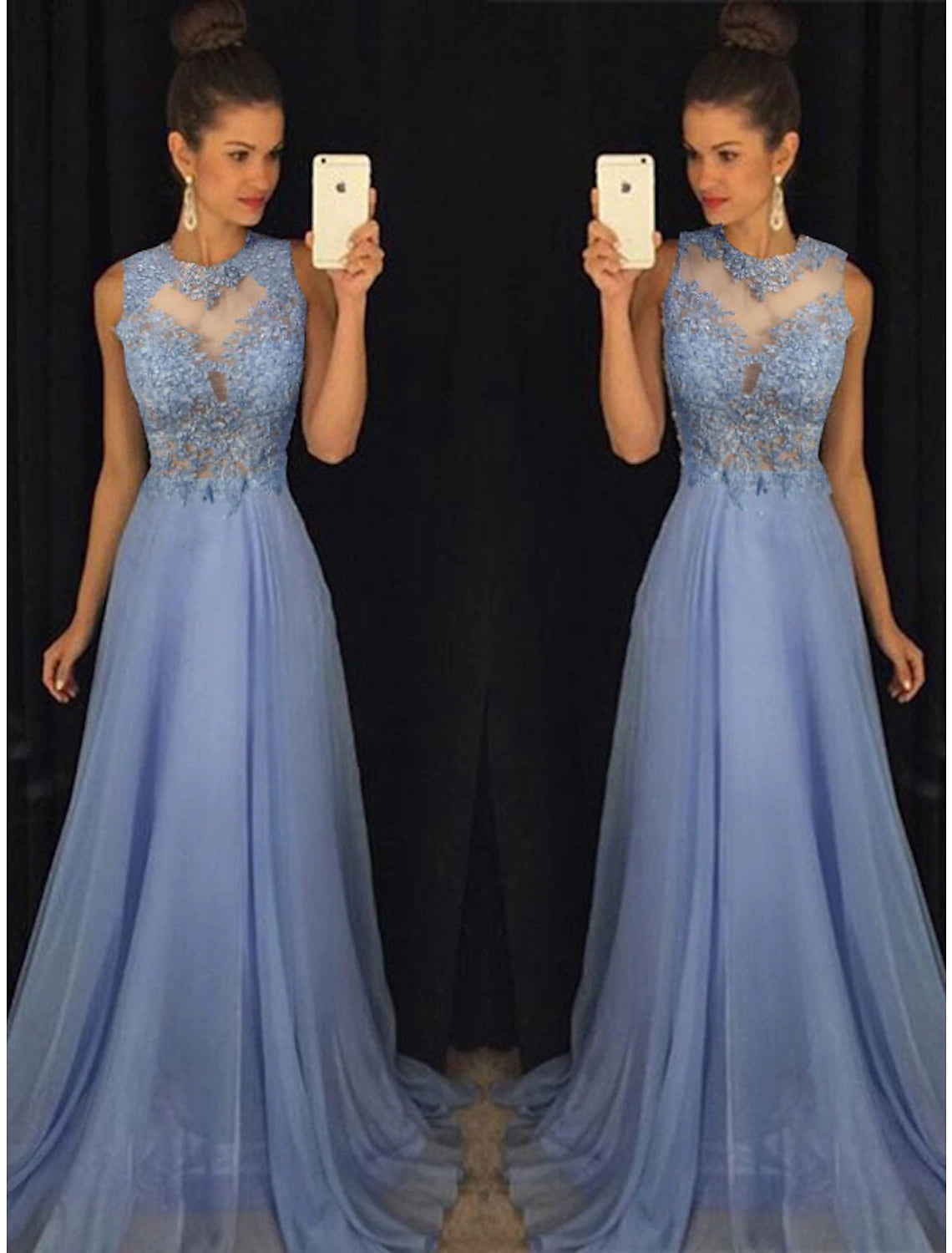 Full length view of a sleeveless A-Line formal evening gown with a sweep train.