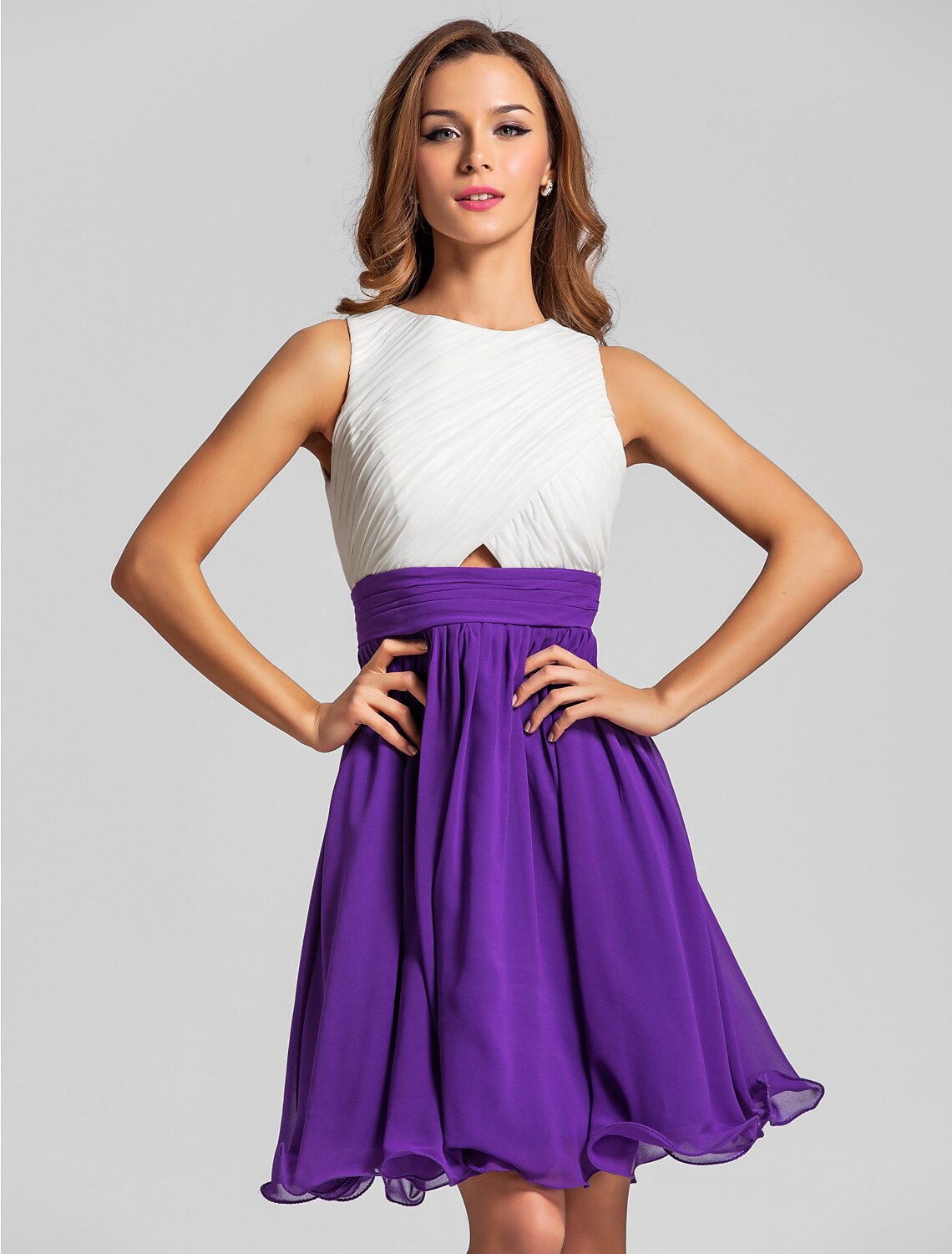 Model walking in the A-line jewel neck short bridesmaid dress.