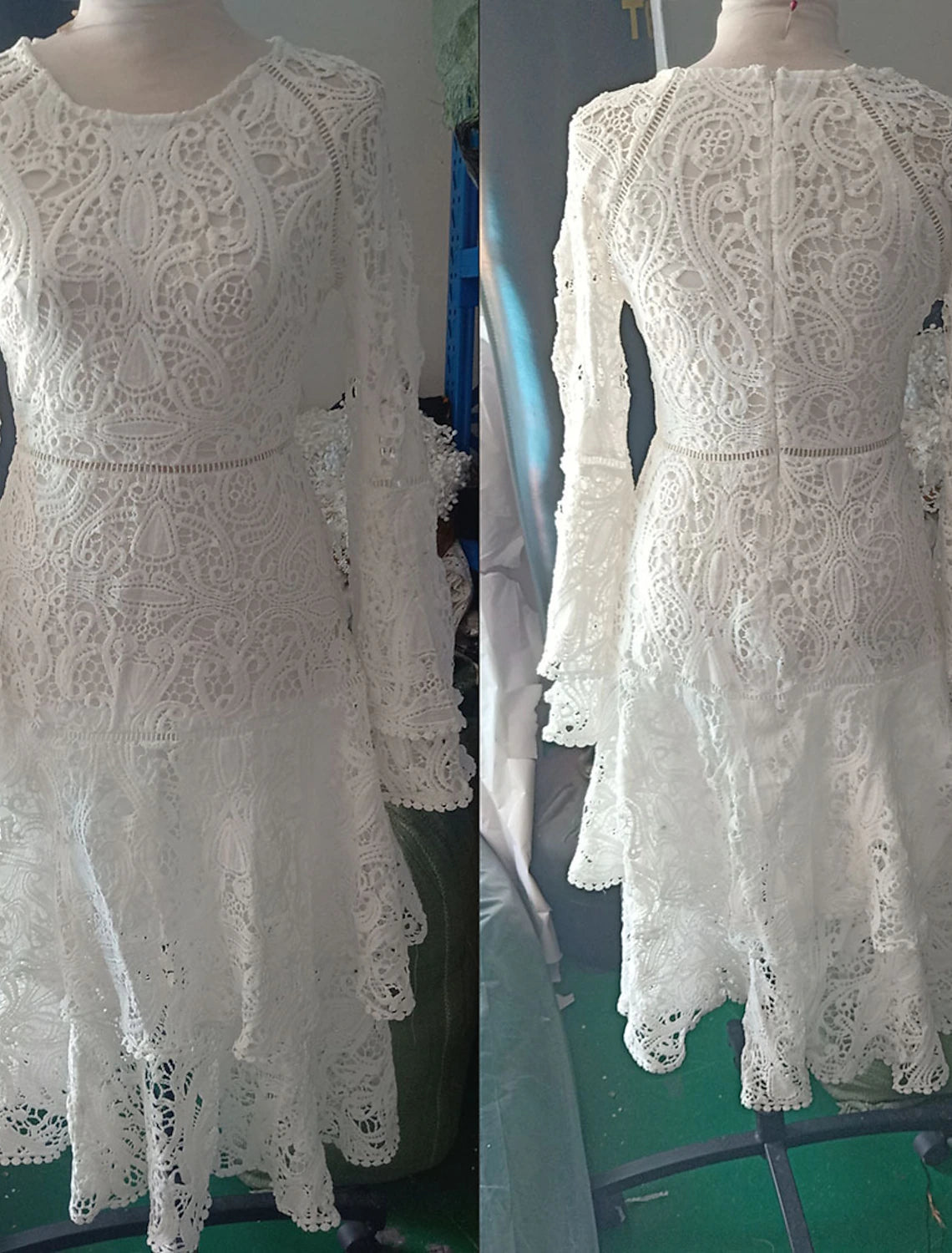 Elegant A-line lace wedding dress with jewel neck and appliques.