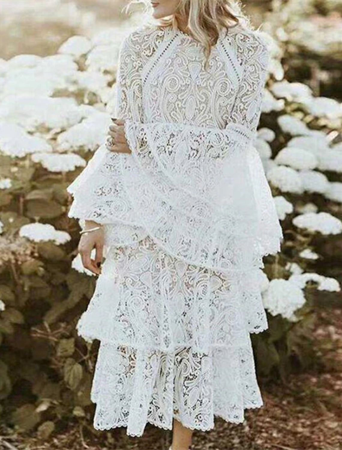 Boho sleeveless ankle-length bridal gown, side view.