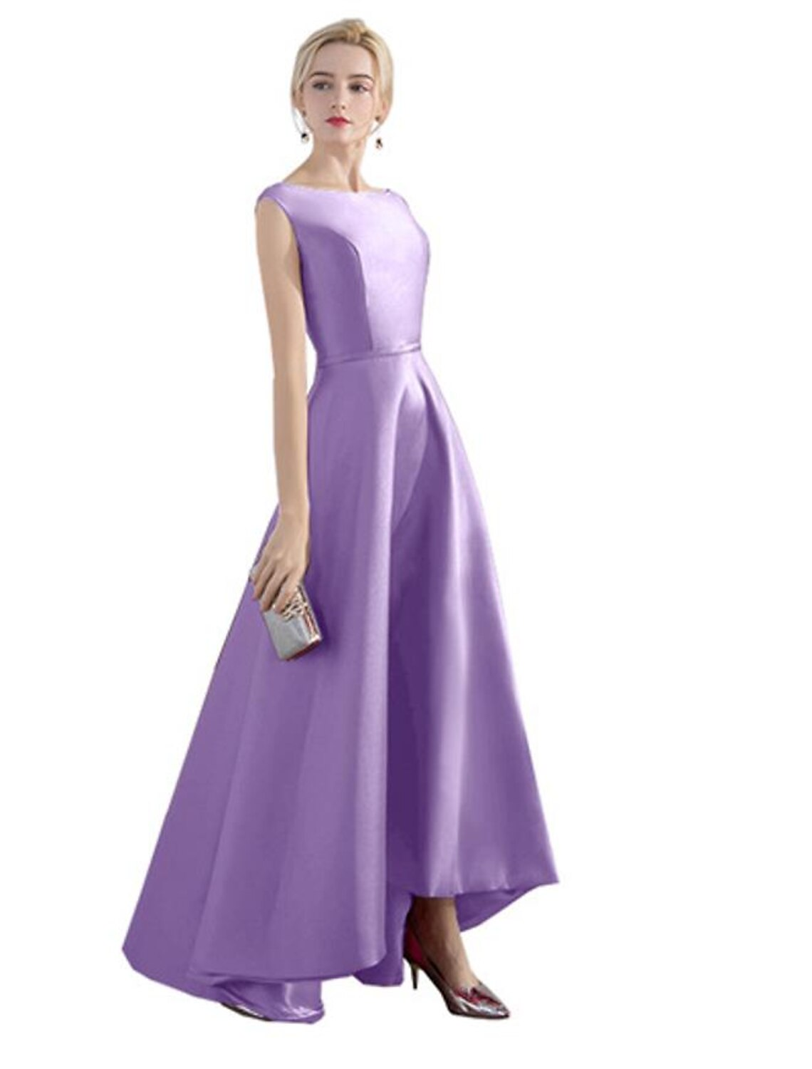 Back view of the elegant jewel neck sleeveless satin evening gown.
