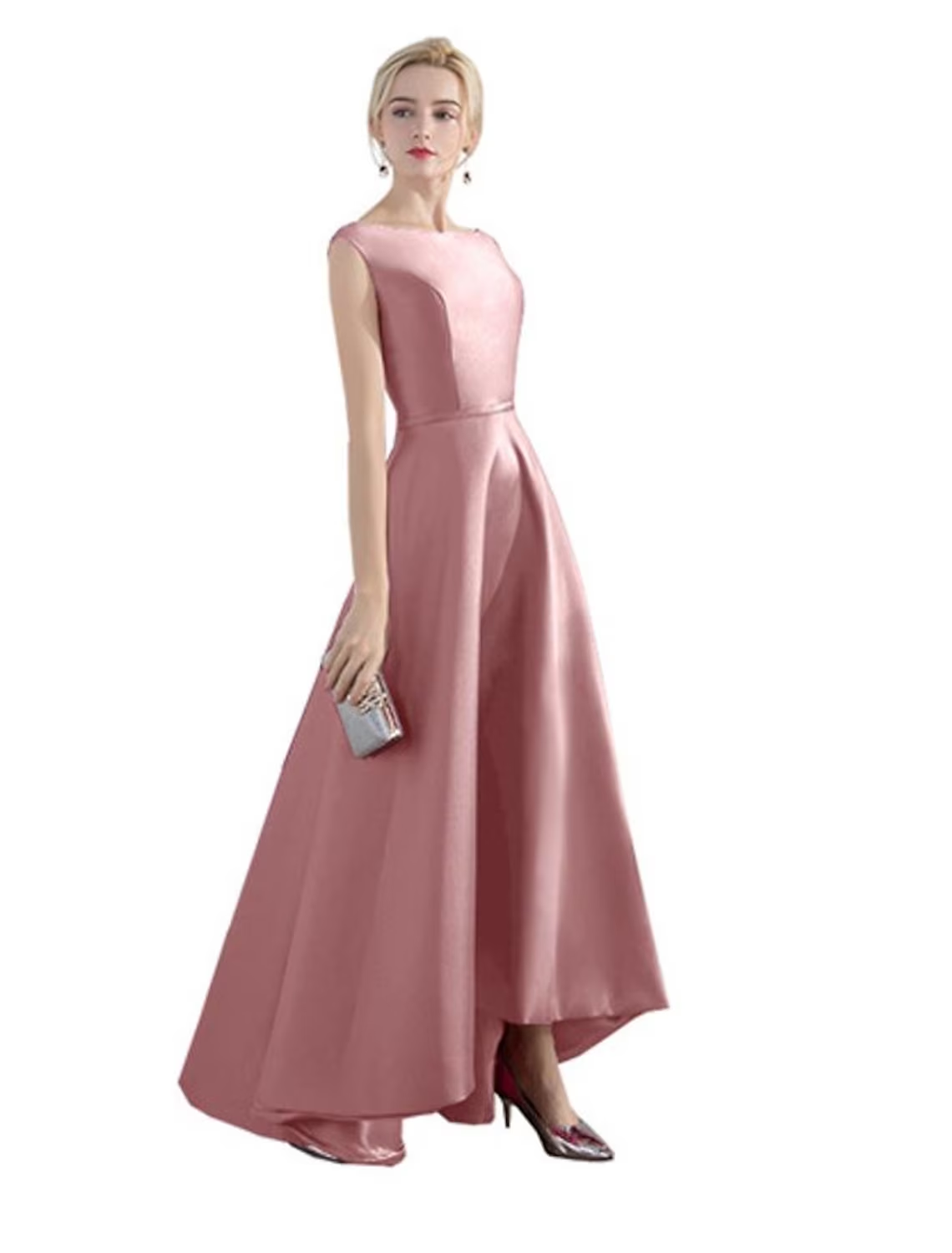 Close-up of the satin fabric and jewel neckline of the A-line gown.