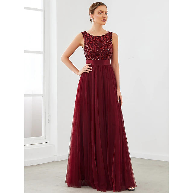 A-Line bridesmaid dress with jewel neck and tiered sparkling tulle.