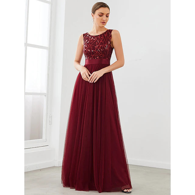 Back view of a floor-length A-Line bridesmaid dress with jewel neckline.
