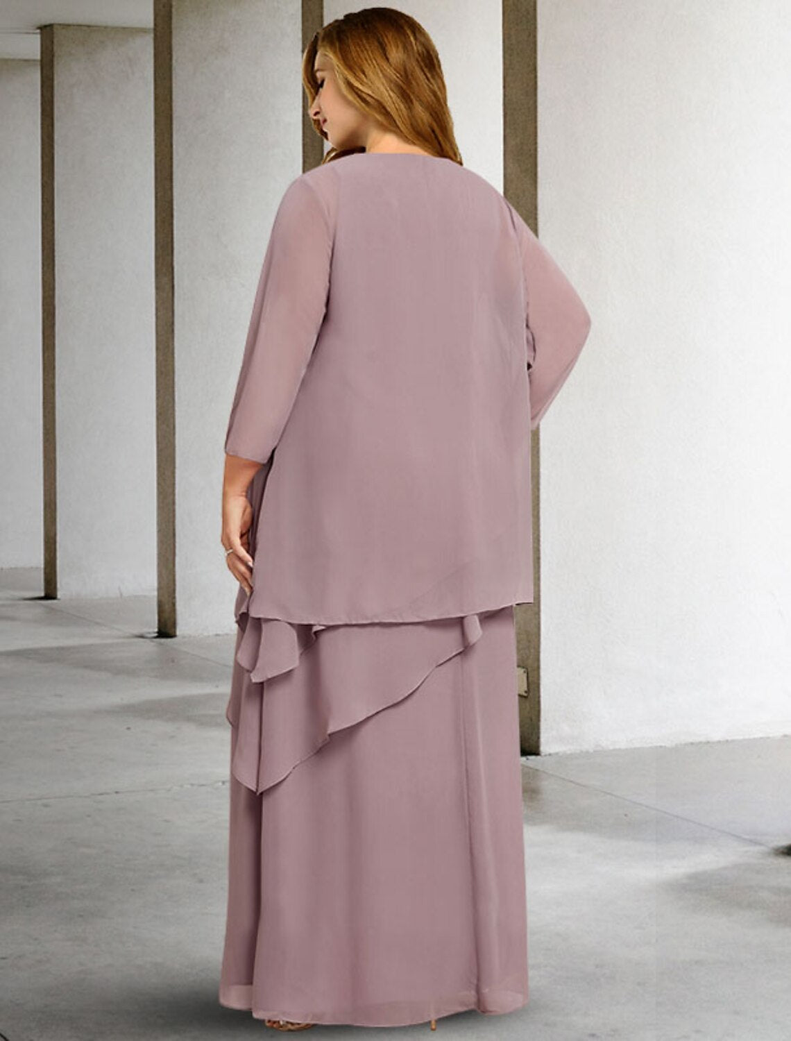 Model wearing the elegant two-piece chiffon dress.