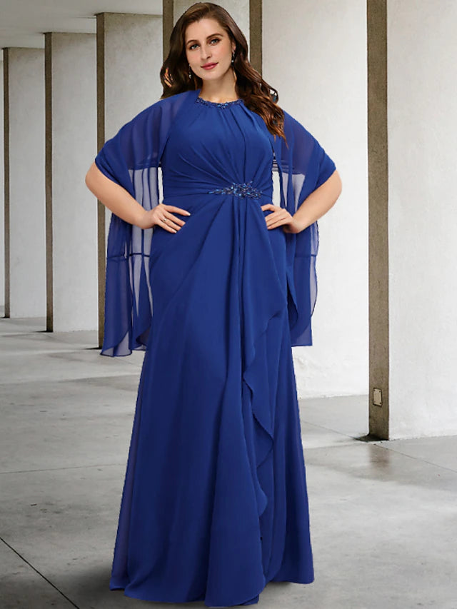 Plus size A-line mother of the bride gown with jewel neck and pleats.