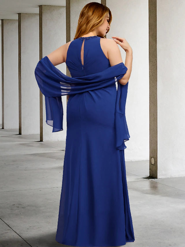 Side view of an elegant floor-length mother of the bride dress.