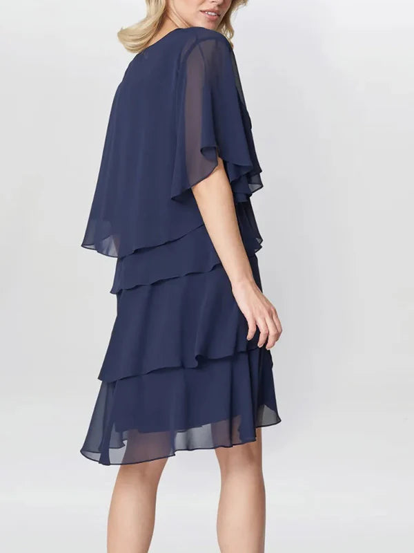 A-Line knee-length formal dress with scoop sleeves, perfect for weddings.