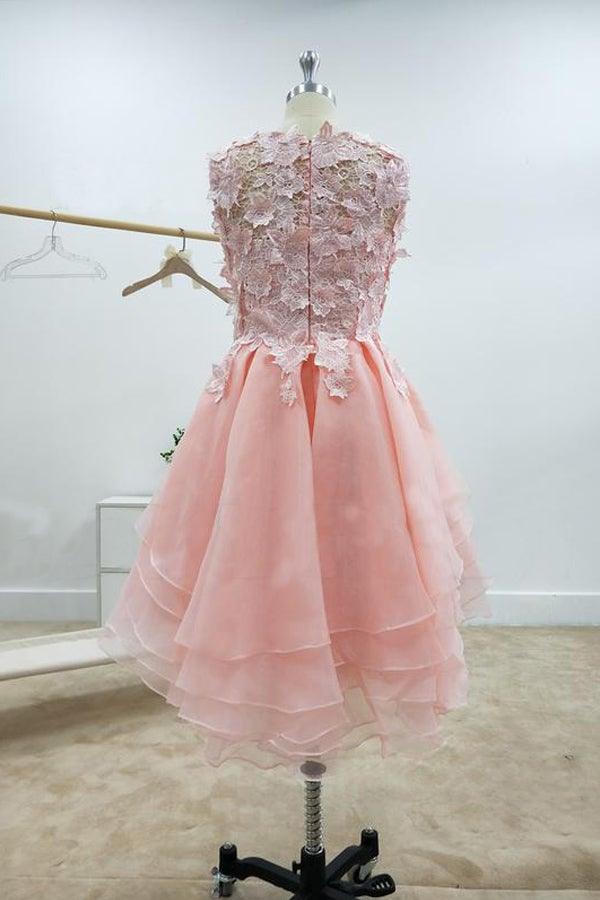 Back view of a pink A-line lace homecoming dress with appliques.