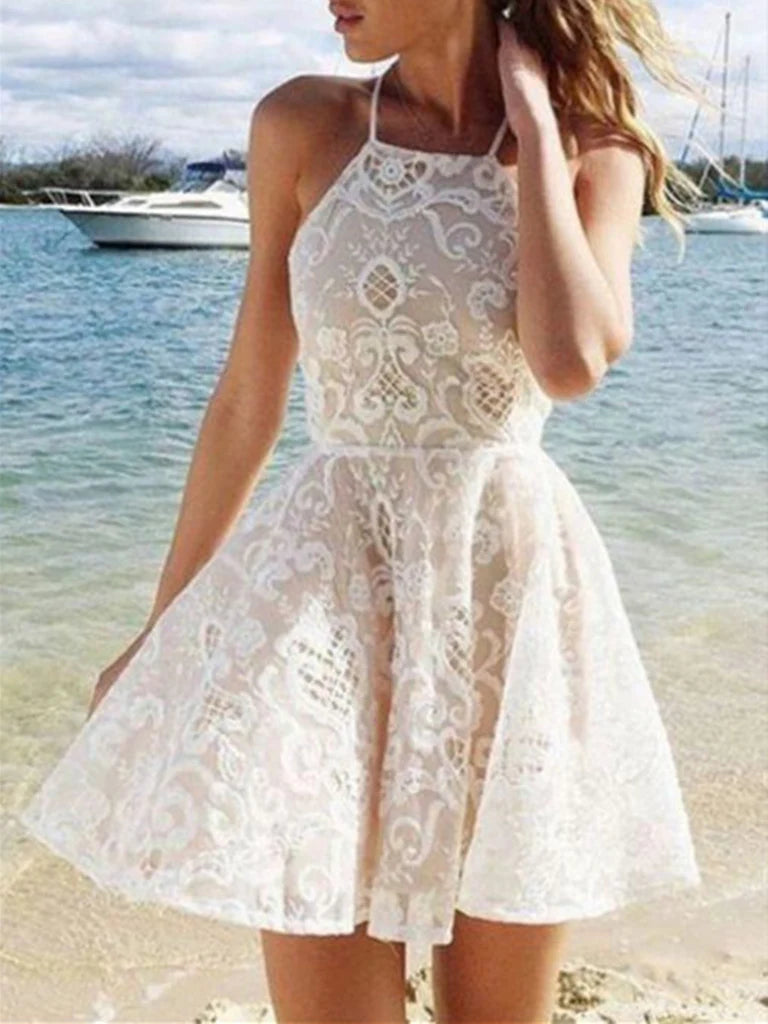 Elegant A-line lace halter dress for prom or homecoming.