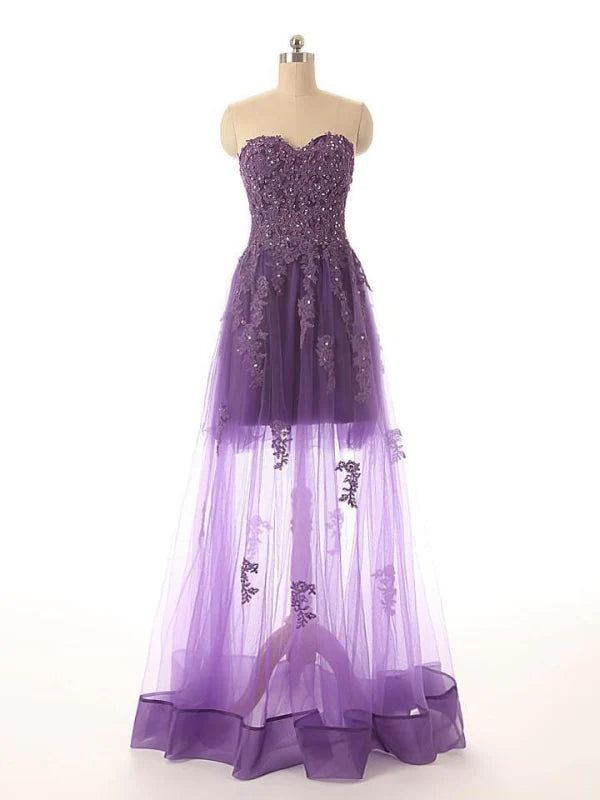 Elegant A-line lace prom dress, front view.