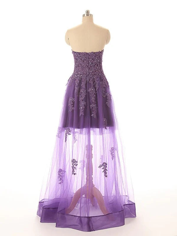 A-line lace prom dress, side view.