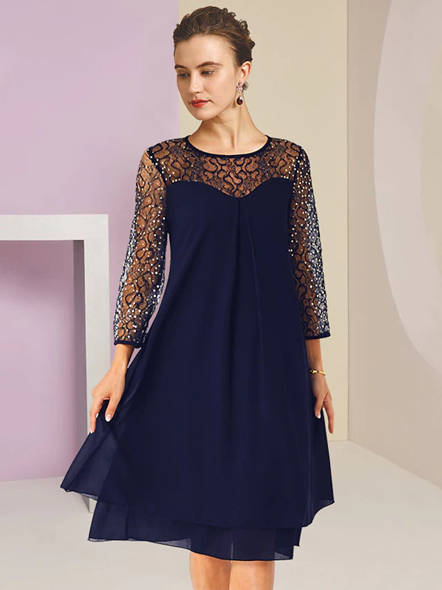Elegant A-Line Mother of the Bride dress with lace and sequins, scoop neck, and 3/4 sleeves.