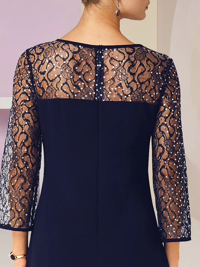 Side view of the sequined lace dress, highlighting the A-line silhouette.