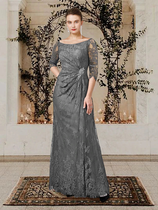 Plus size A-line Mother of the Bride dress with jewel neck and short lace sleeves, front view.