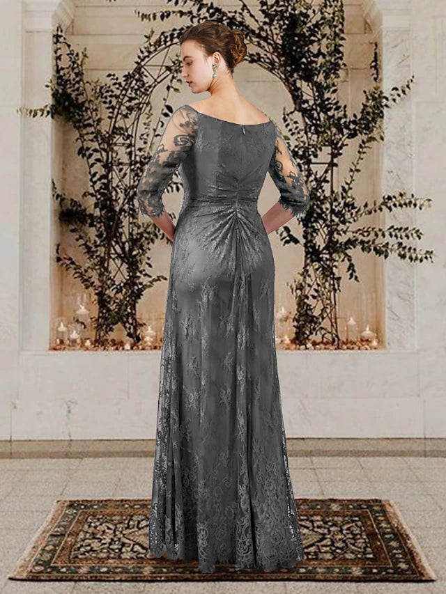 Back view of a floor-length plus size A-line Mother of the Bride dress.