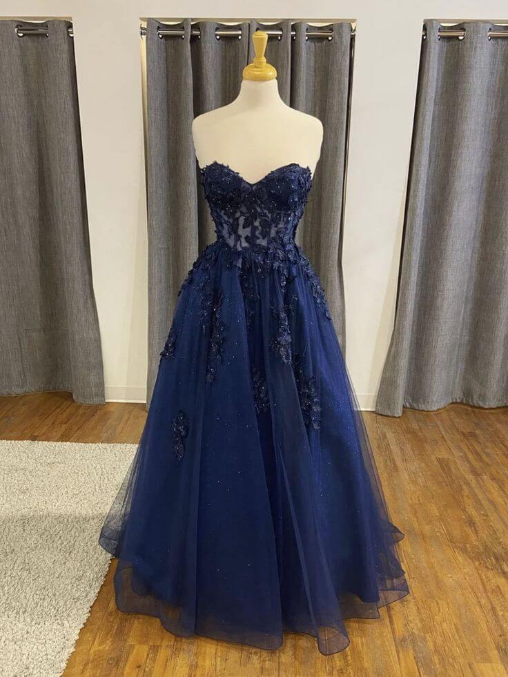 Elegant navy blue A-line lace long prom dress.