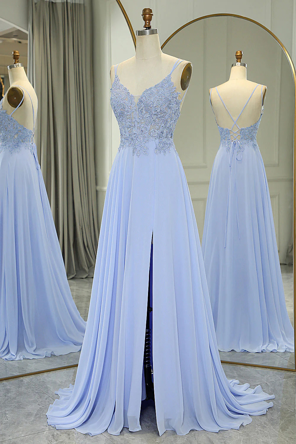 Back view of the graceful A-line sleeveless evening dress.