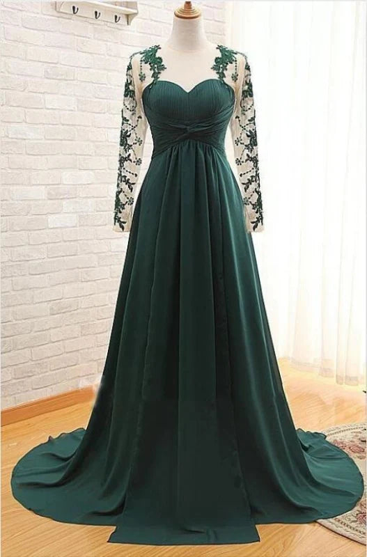 Front view of an elegant long sleeve prom dress with delicate appliques.