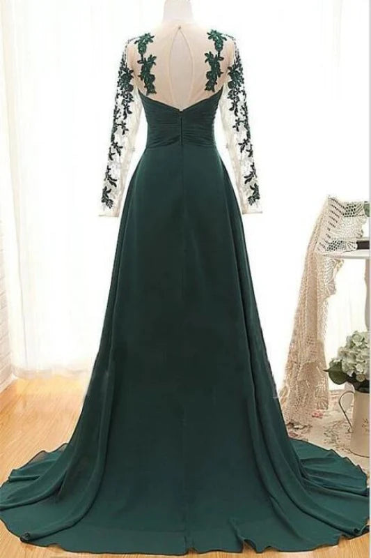 Side view of the floor-length applique gown, showcasing its flowing silhouette.