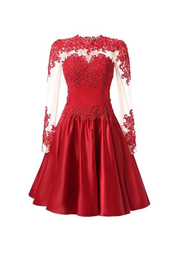 Elegant A-line long sleeve homecoming dress with applique details.