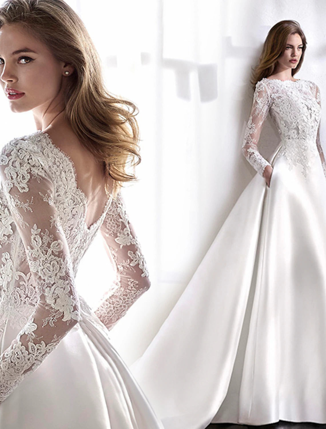 Back view of A-line satin wedding dress with lace pleats and chapel train.
