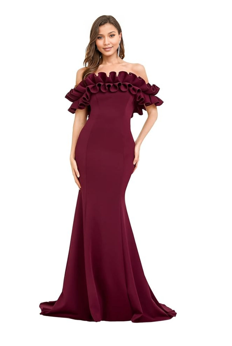 Elegant A-line mermaid off-shoulder prom dress with a flowing skirt.