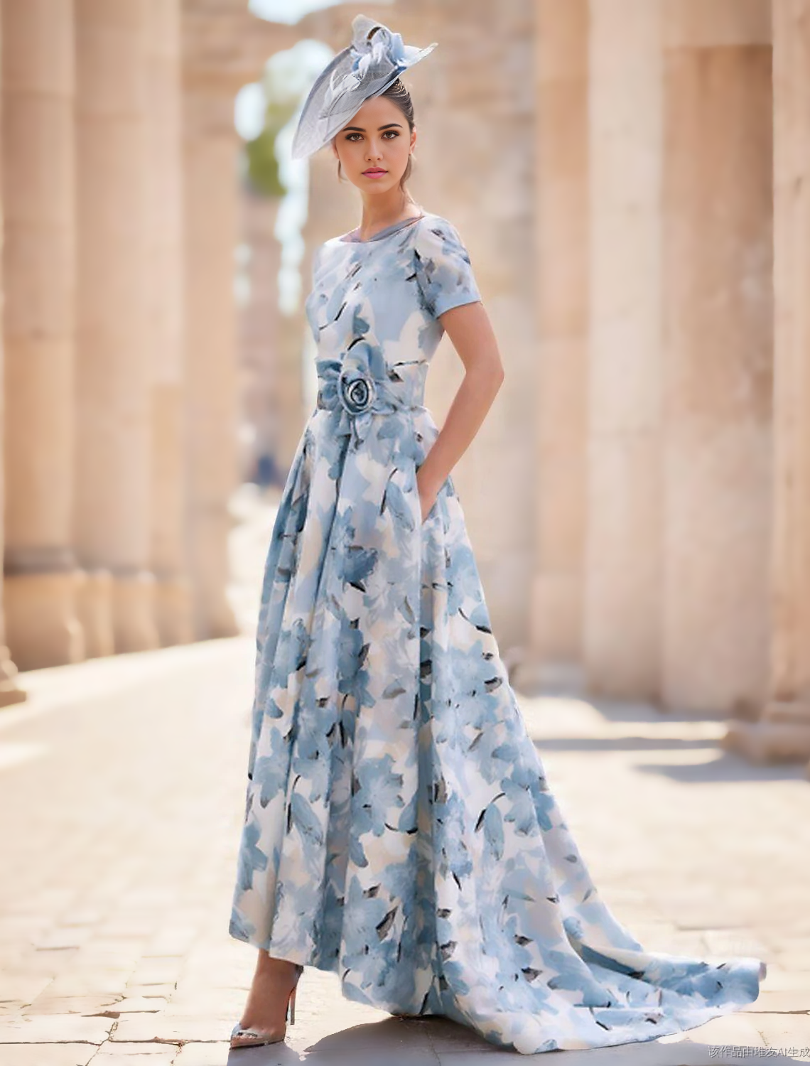 Elegant A-line Mother of the Bride dress in light blue with bateau neck, short sleeves, and floral detail.