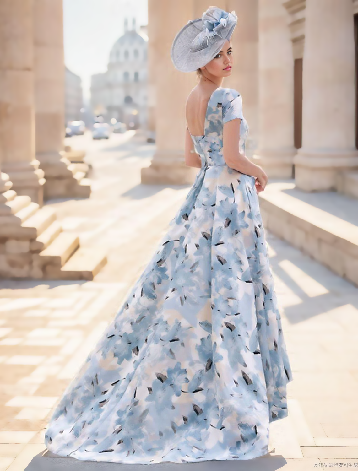Close-up of the bateau neckline and short sleeves of the elegant chiffon dress.