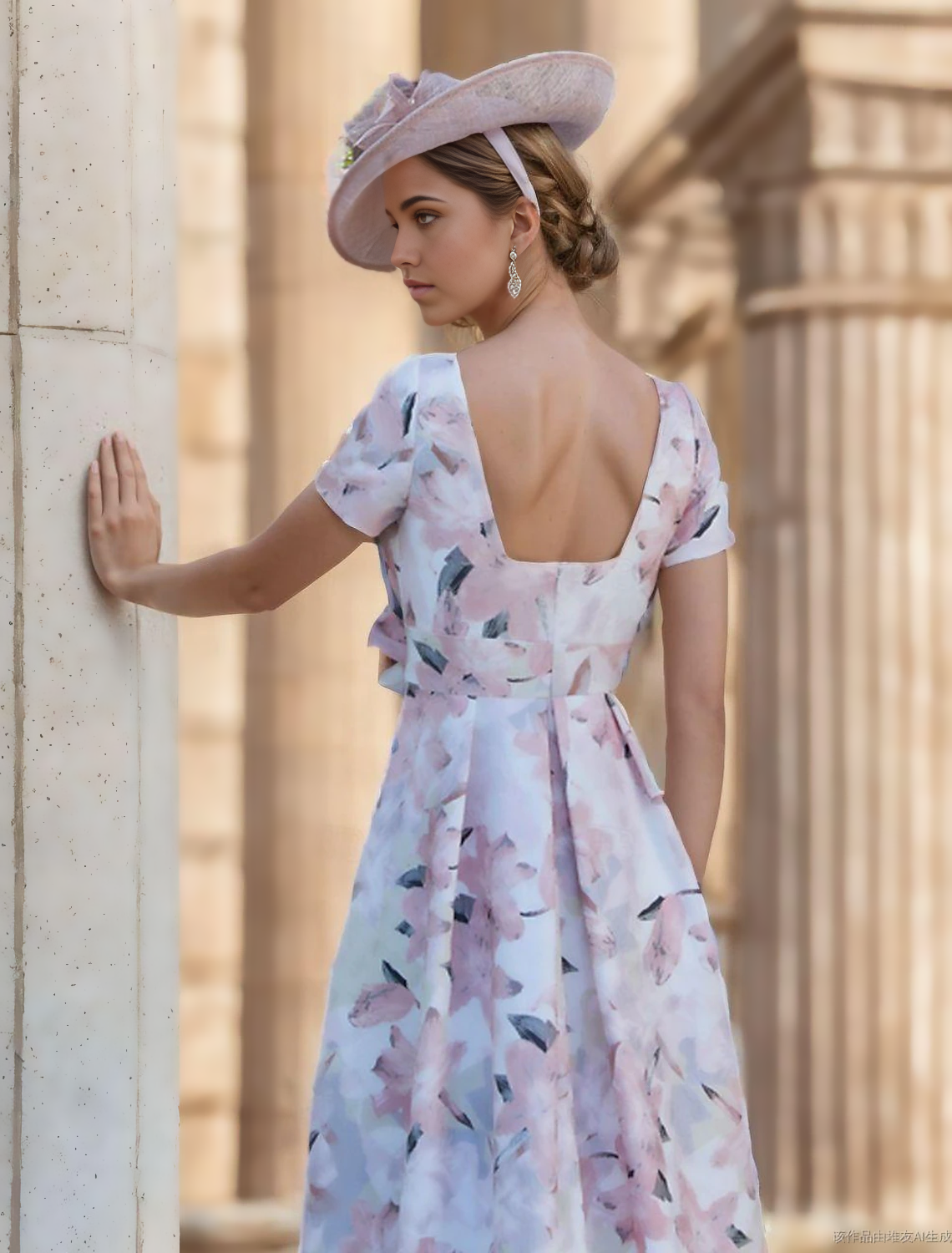 Full view of the pleated A-line ankle-length dress with floral embellishment.