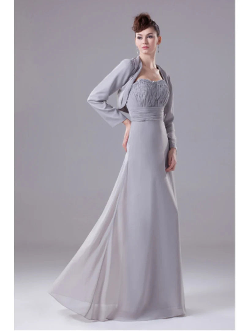 Back view of the floor-length A-line Mother of the Bride dress, showcasing its elegant silhouette.
