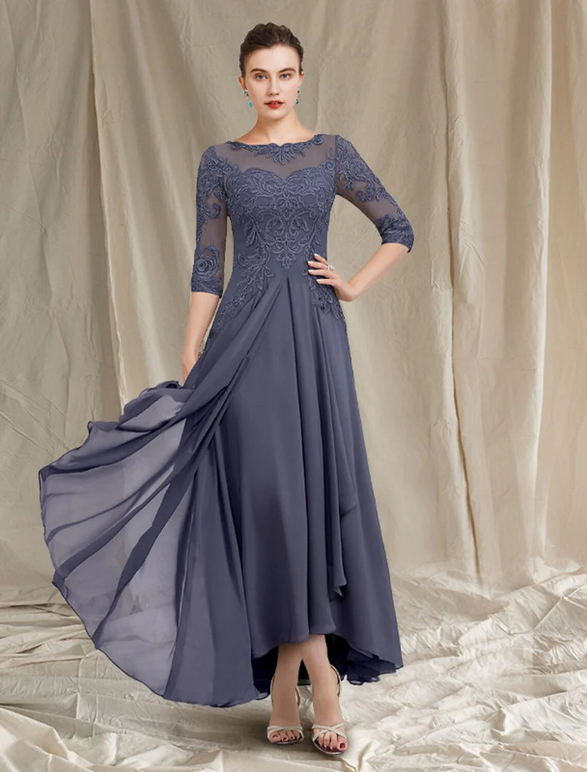 Elegant A-Line Mother of the Bride dress with high-low hem and jewel neck.