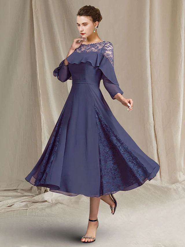 Elegant A-line Mother of the Bride dress with jewel neck and 3/4 sleeves.