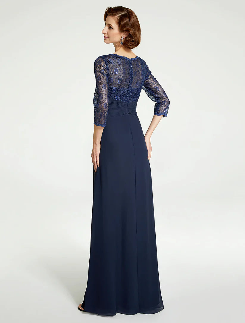 Back view of an A-line chiffon lace gown with 3/4 sleeves, suitable for formal occasions.