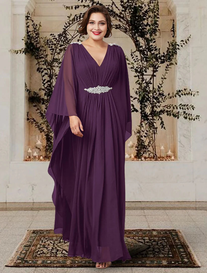Elegant plus size A-line mother of the bride dress with V-neck, long sleeves, pleats, and crystal embellishments.