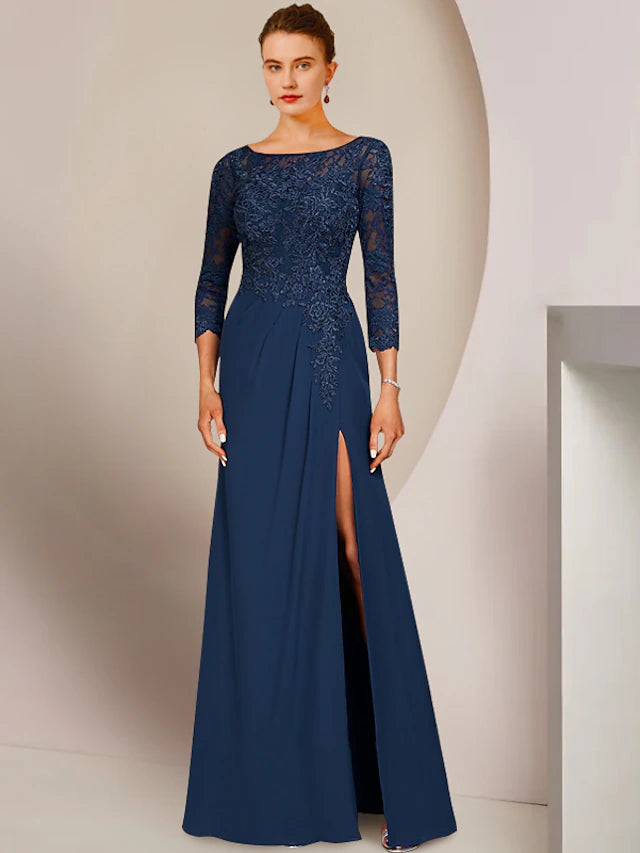 Elegant A-Line Mother of the Bride dress with scoop neck and 3/4 lace sleeves.